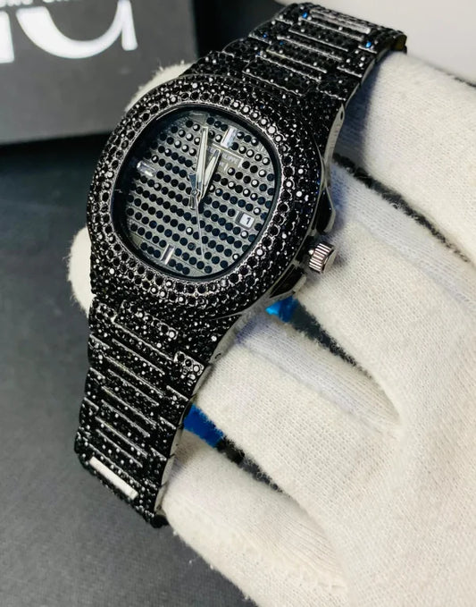 Men’s Black Iced Out Stainless Steel Chain Watch | Stylish Fashion Wristwatch – Without Box