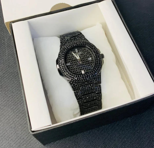 Men’s Black Iced Out Stainless Steel Chain Watch | Stylish Fashion Wristwatch – Without Box