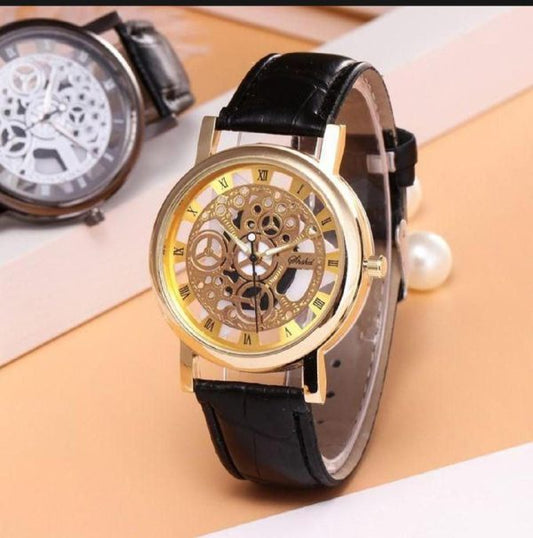 Stylish Leather Men’s Watch – Gold-Tone Stainless Steel Dial with Black Strap (Without Box)