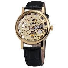 Stylish Leather Men’s Watch – Gold-Tone Stainless Steel Dial with Black Strap (Without Box)